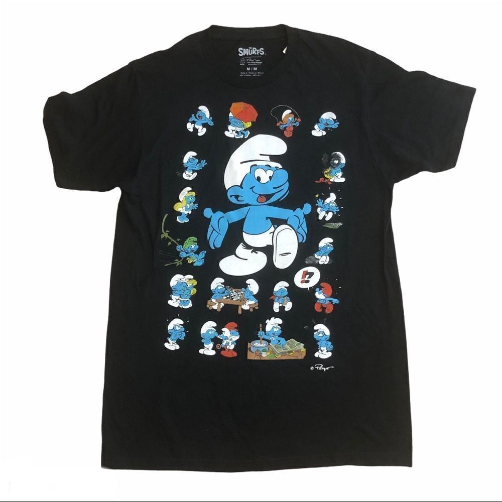 Smurfs Graphic Print Short Sleeve Shirt Black Medium